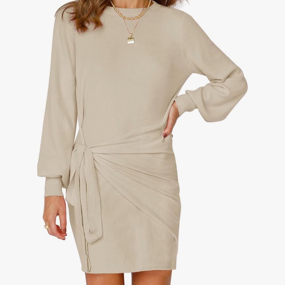 Puff sleeve tie waist sweater dress